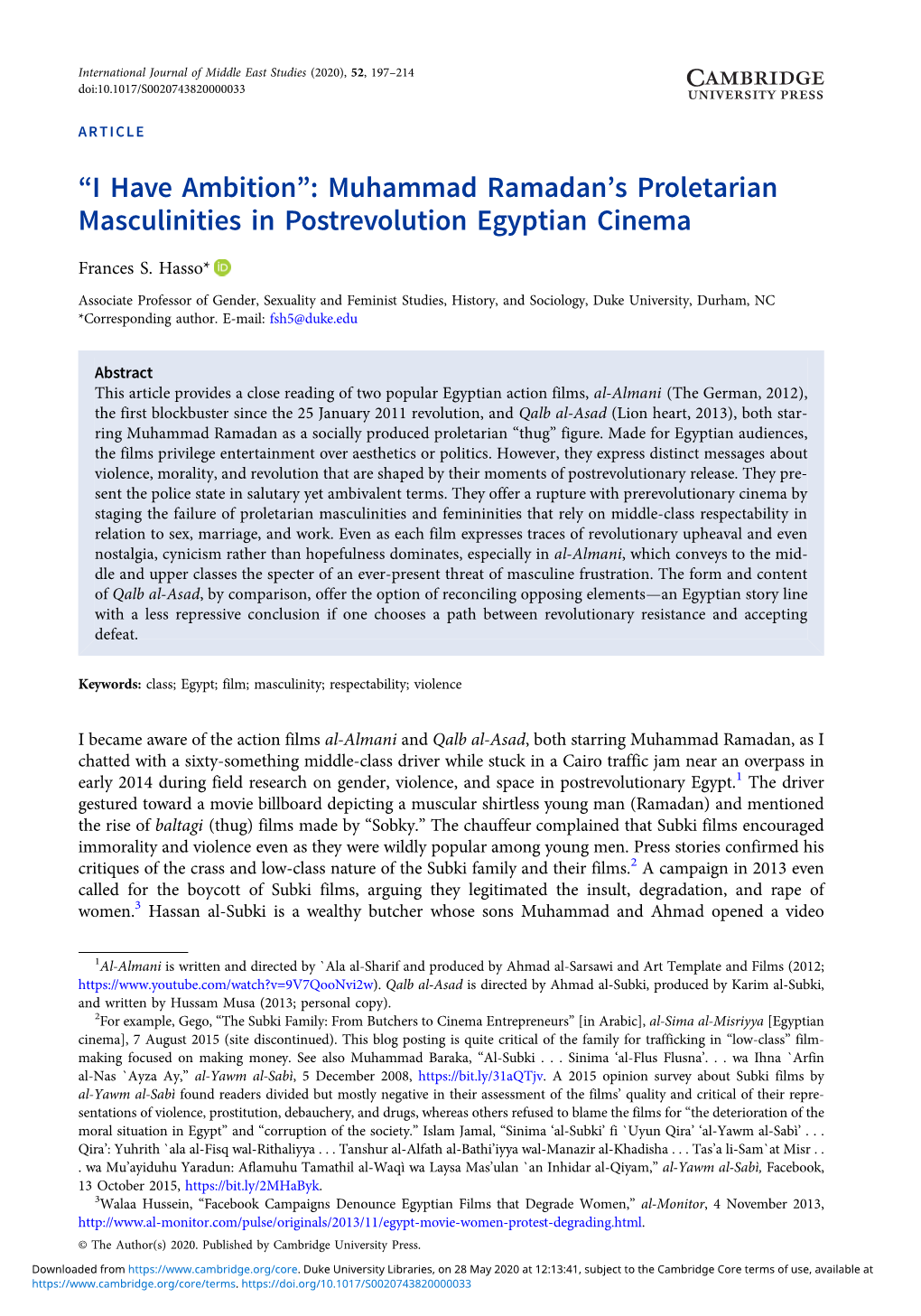 “I Have Ambition”: Muhammad Ramadan's Proletarian Masculinities in Postrevolution Egyptian Cinema