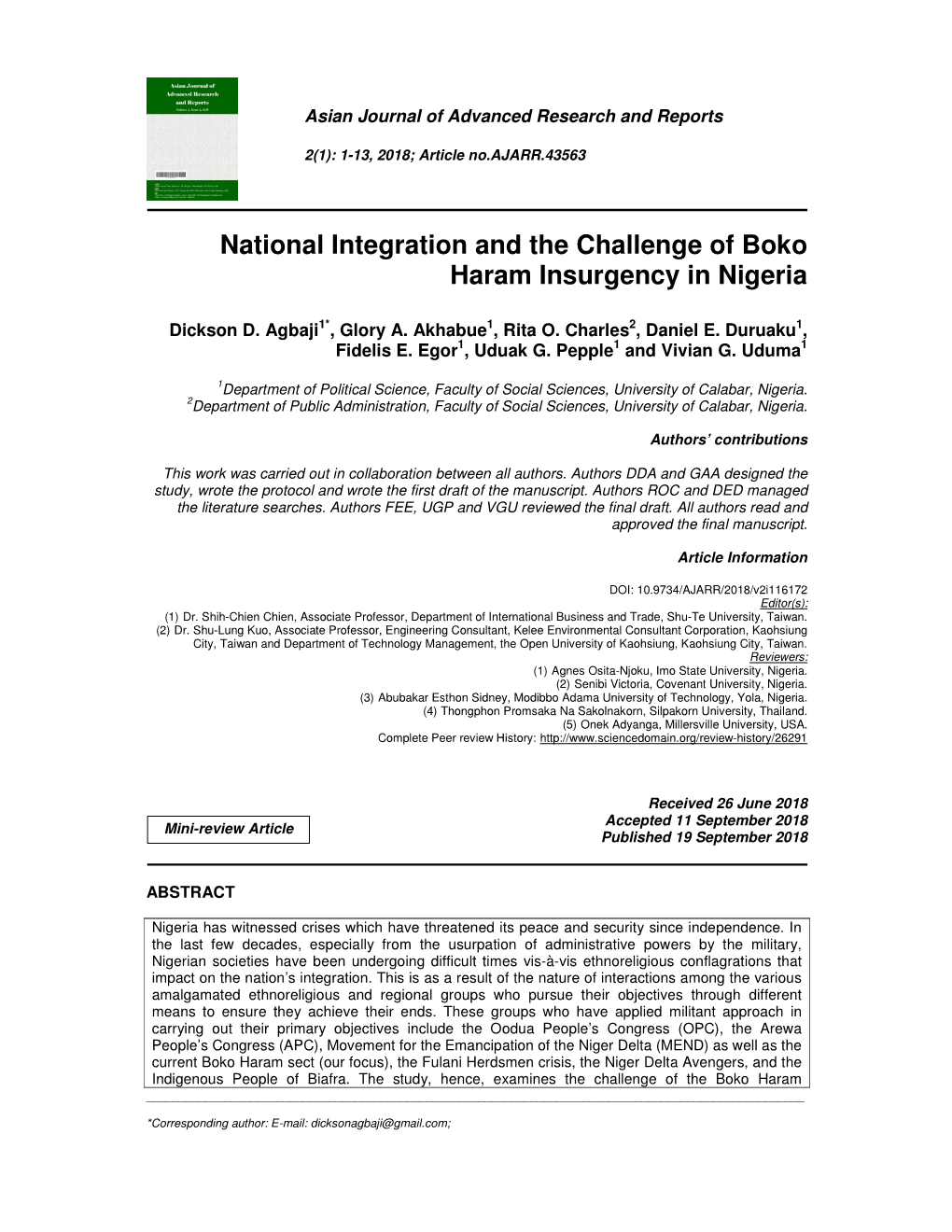National Integration and the Challenge of Boko Haram Insurgency in Nigeria