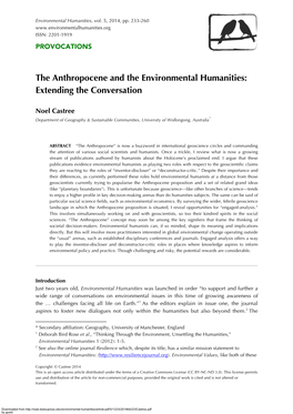 The Anthropocene and the Environmental Humanities: Extending the Conversation