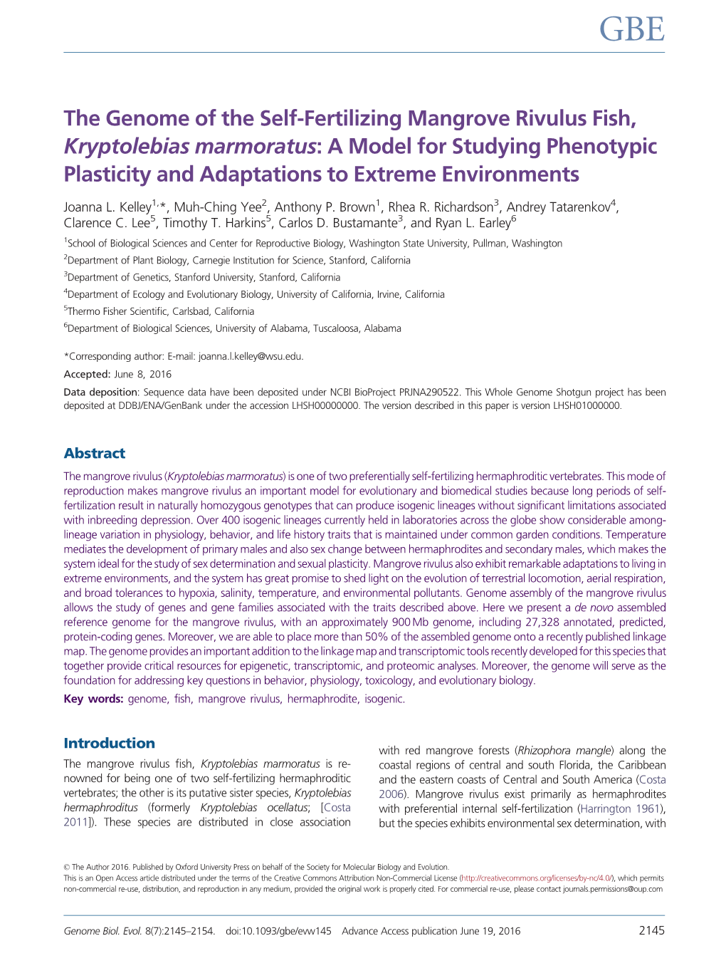 The Genome of the Self-Fertilizing Mangrove Rivulus Fish, Kryptolebias Marmoratus: a Model for Studying Phenotypic Plasticity and Adaptations to Extreme Environments
