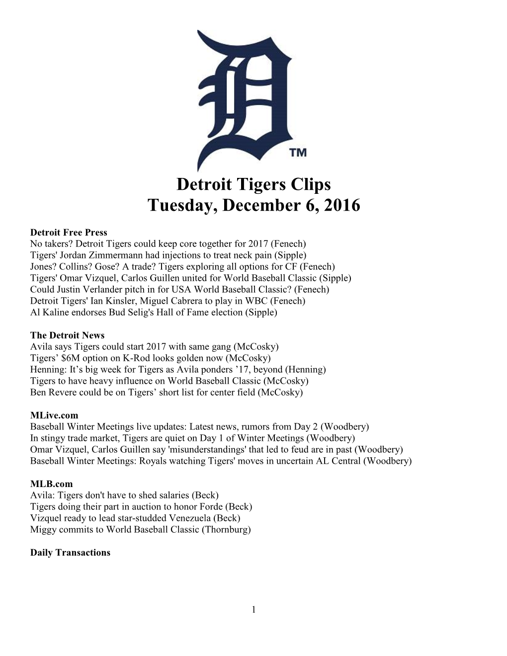 Detroit Tigers Clips Tuesday, December 6, 2016