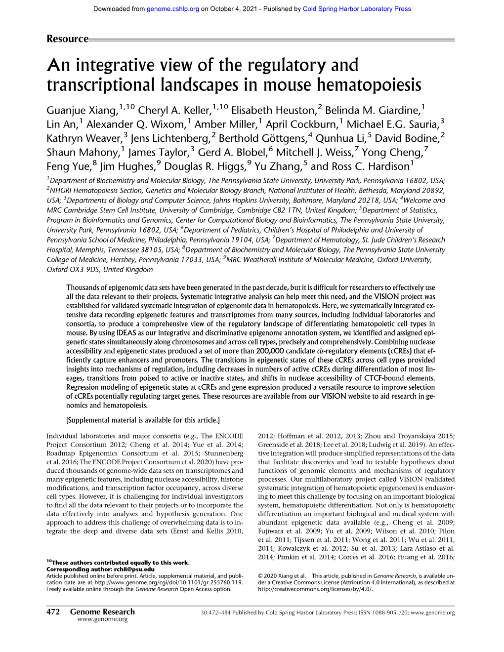 An Integrative View of the Regulatory and Transcriptional Landscapes in Mouse Hematopoiesis
