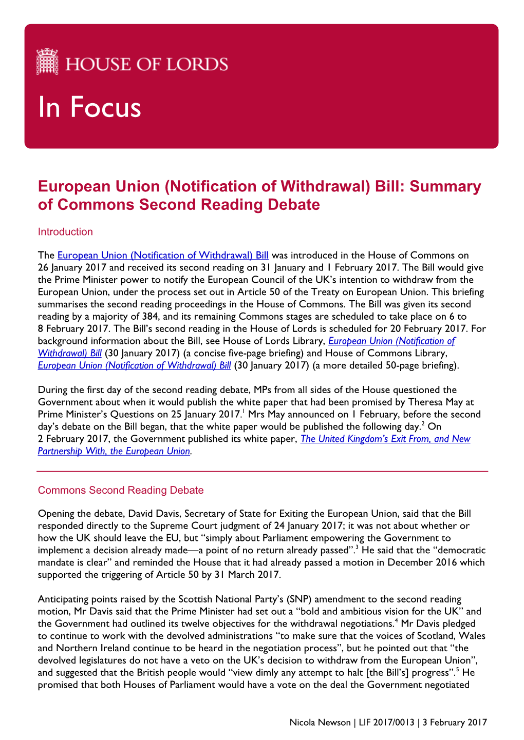 European Union (Notification of Withdrawal) Bill: Summary of Commons Second Reading Debate