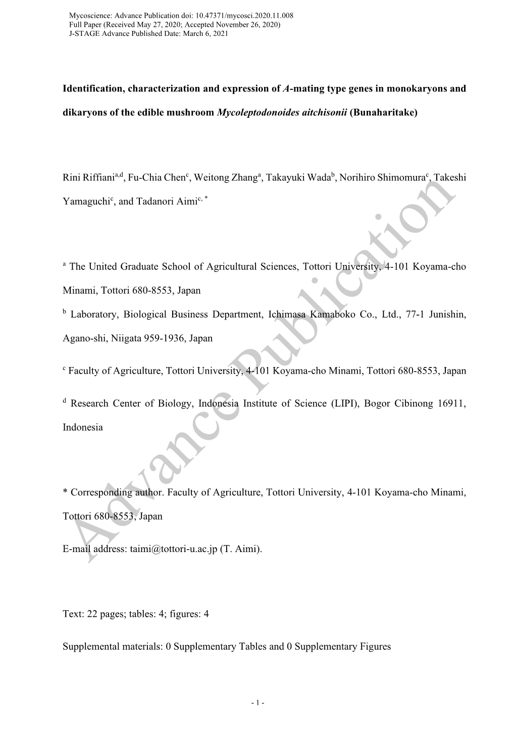 Identification, Characterization and Expression of A-Mating Type Genes