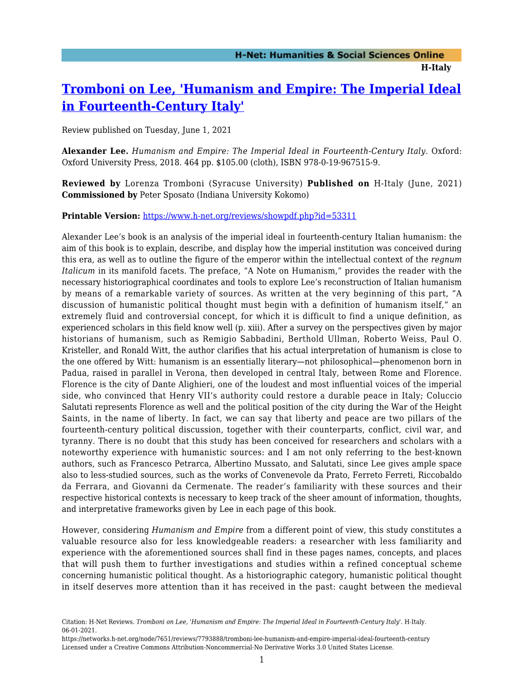 Humanism and Empire: the Imperial Ideal in Fourteenth-Century Italy'