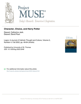 Character, Choice, and Harry Potter Deavel, Catherine Jack