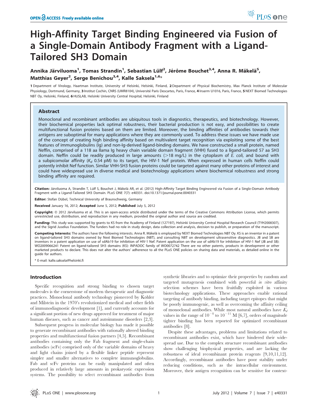 High-Affinity Target Binding Engineered Via Fusion of a Single-Domain Antibody Fragment with a Ligand- Tailored SH3 Domain