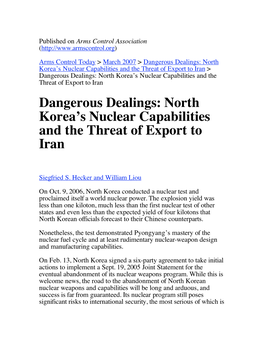 Dangerous Dealings: North Korea's Nuclear Capabilities and the Threat of Export to Iran