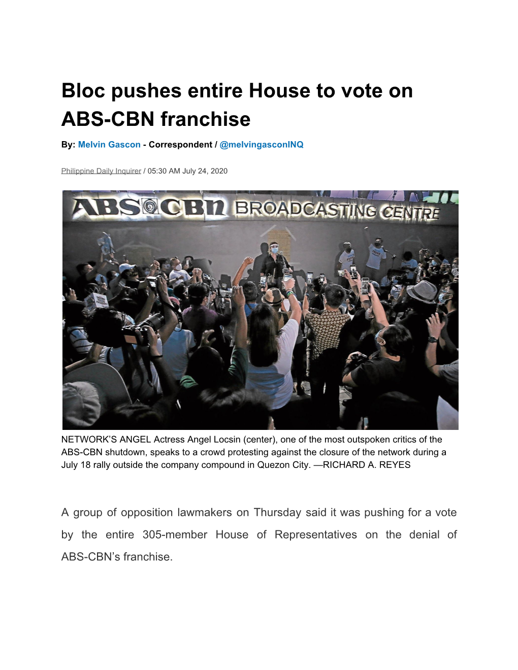 Bloc Pushes Entire House to Vote on ABS-CBN Franchise