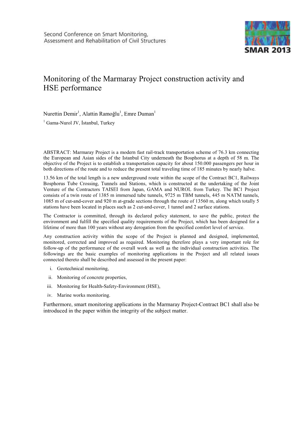 Monitoring of the Marmaray Project Construction Activity and HSE Performance