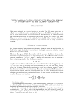 From Classical to Non-Commutative Iwasawa Theory an Introduction to the Gl2 Main Conjecture