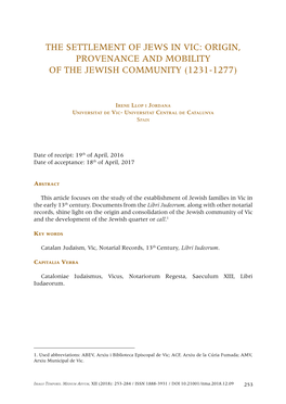 Origin, Provenance and Mobility of the Jewish Community (1231-1277)