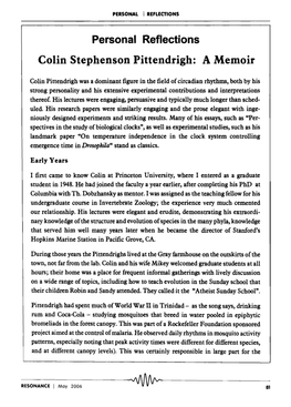 Colin Stephenson Pittendrigh: a Memoir