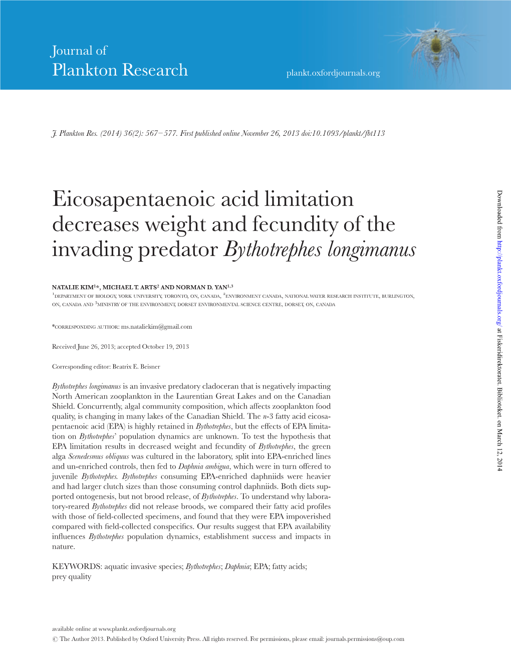 Eicosapentaenoic Acid Limitation Decreases Weight and Fecundity Of