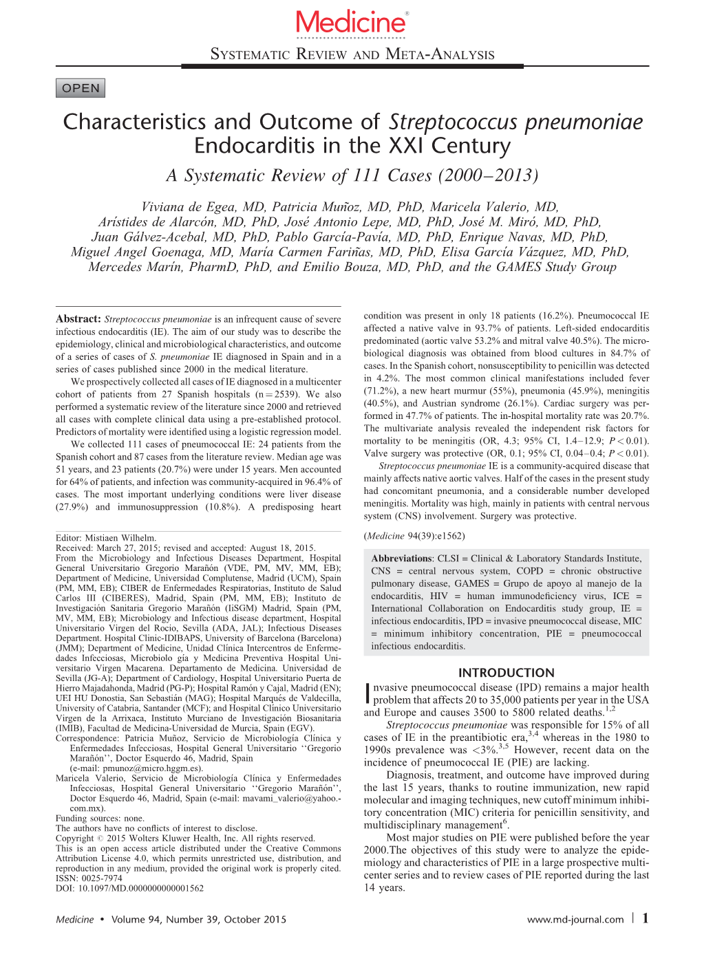 Characteristics and Outcome of Streptococcus Pneumoniae Endocarditis in the XXI Century a Systematic Review of 111 Cases (2000–2013)