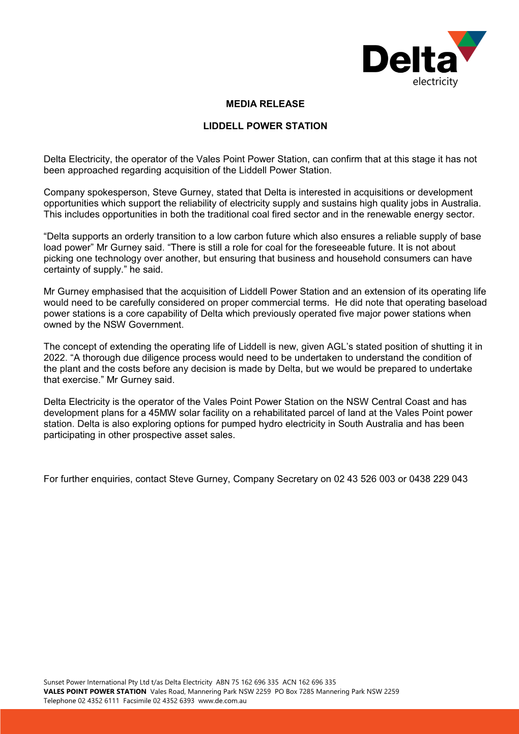 MEDIA RELEASE LIDDELL POWER STATION Delta Electricity, The