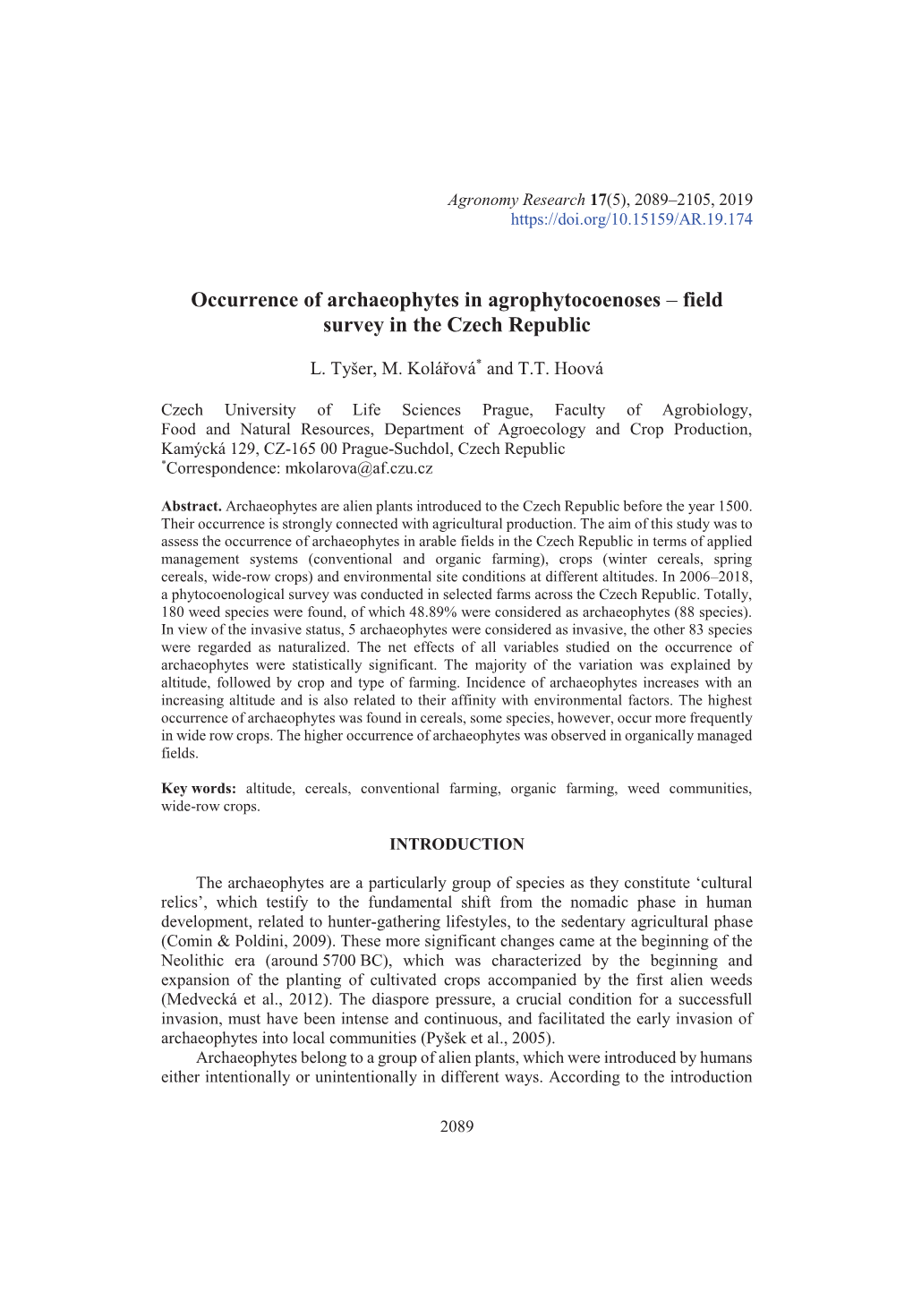 Occurrence of Archaeophytes in Agrophytocoenoses – Field Survey in the Czech Republic