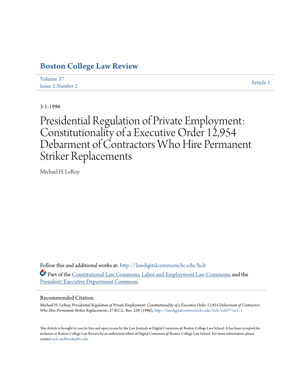 Presidential Regulation of Private Employment: Constitutionality of A