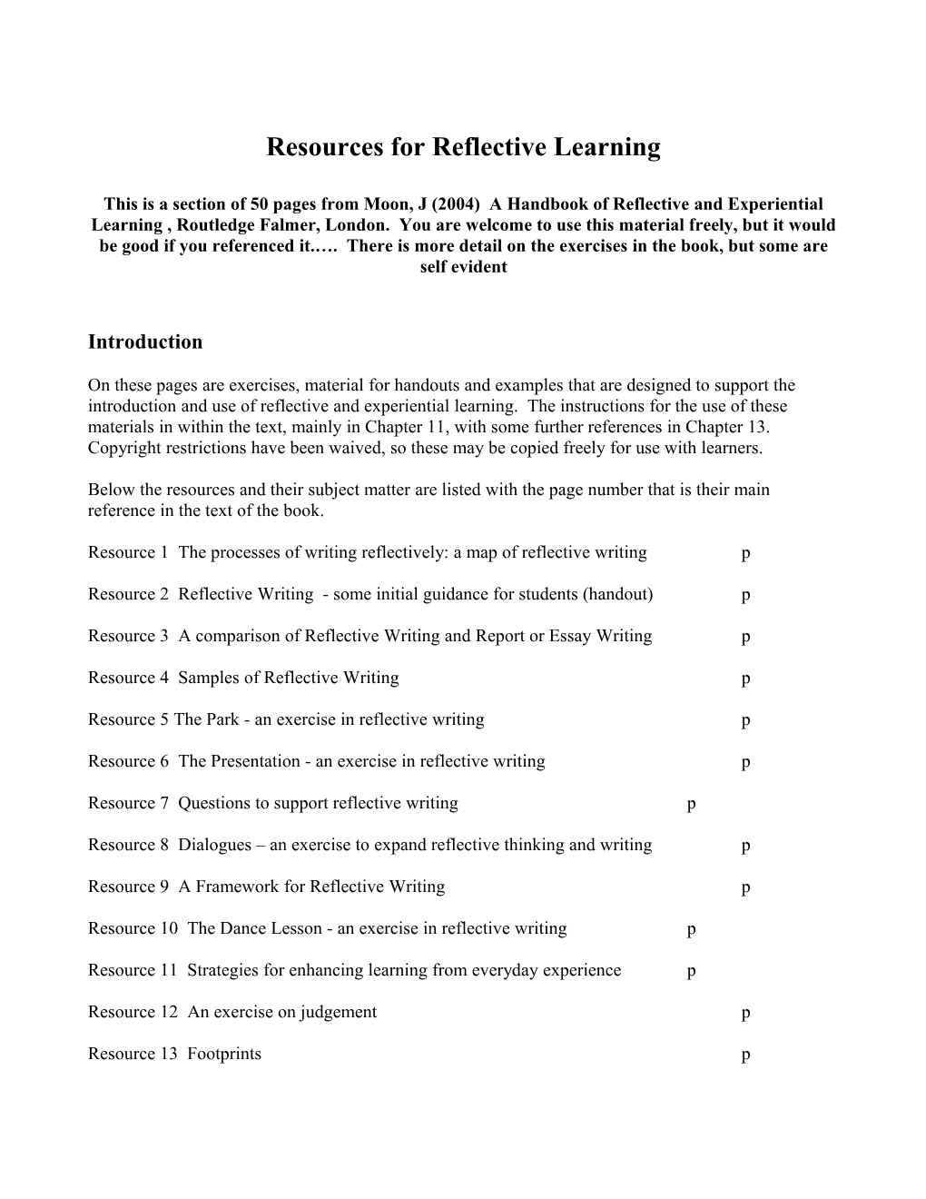 Resources for Reflective Learning