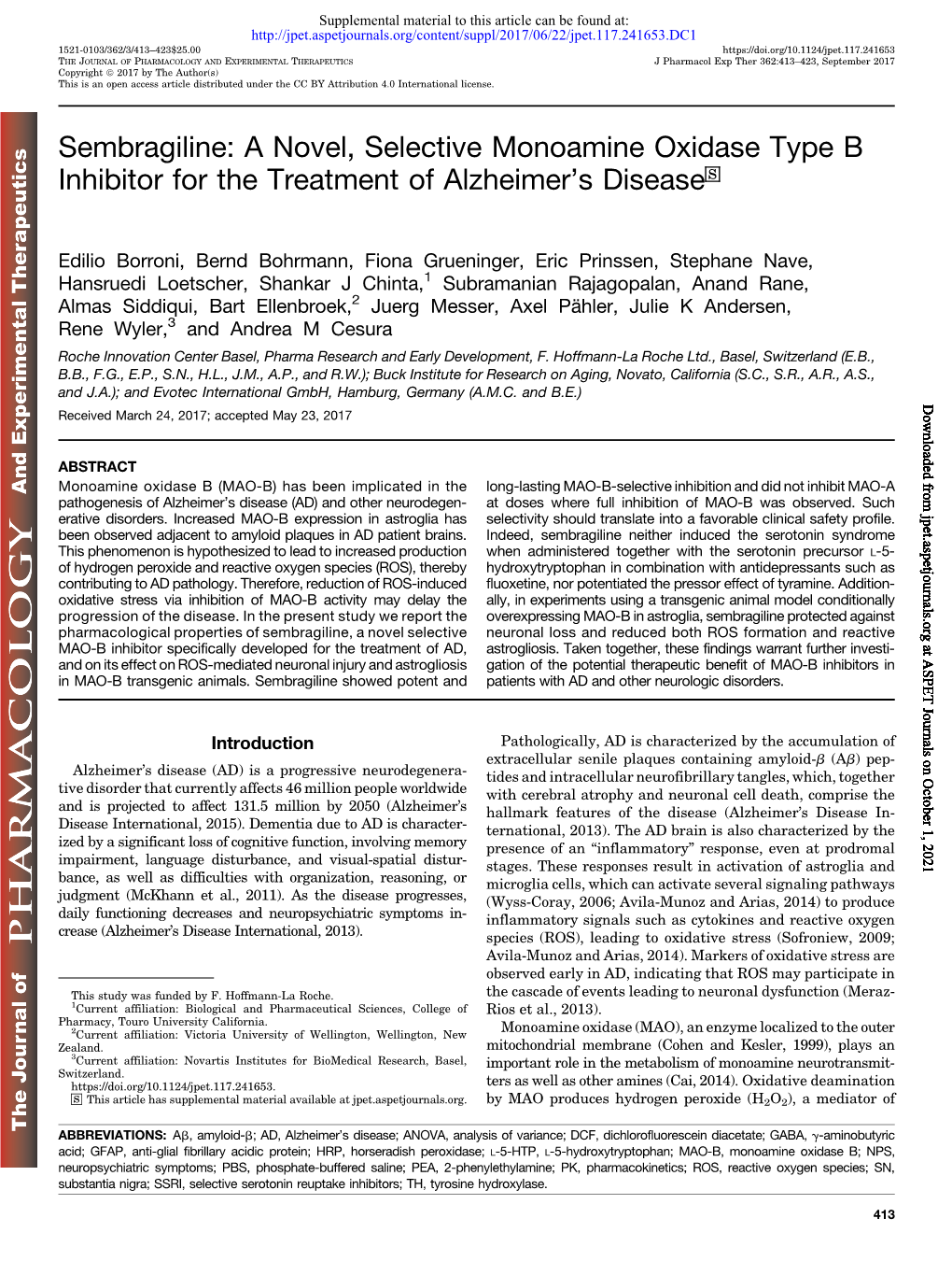 A Novel, Selective Monoamine Oxidase Type B Inhibitor for the Treatment of Alzheimer’S Disease S