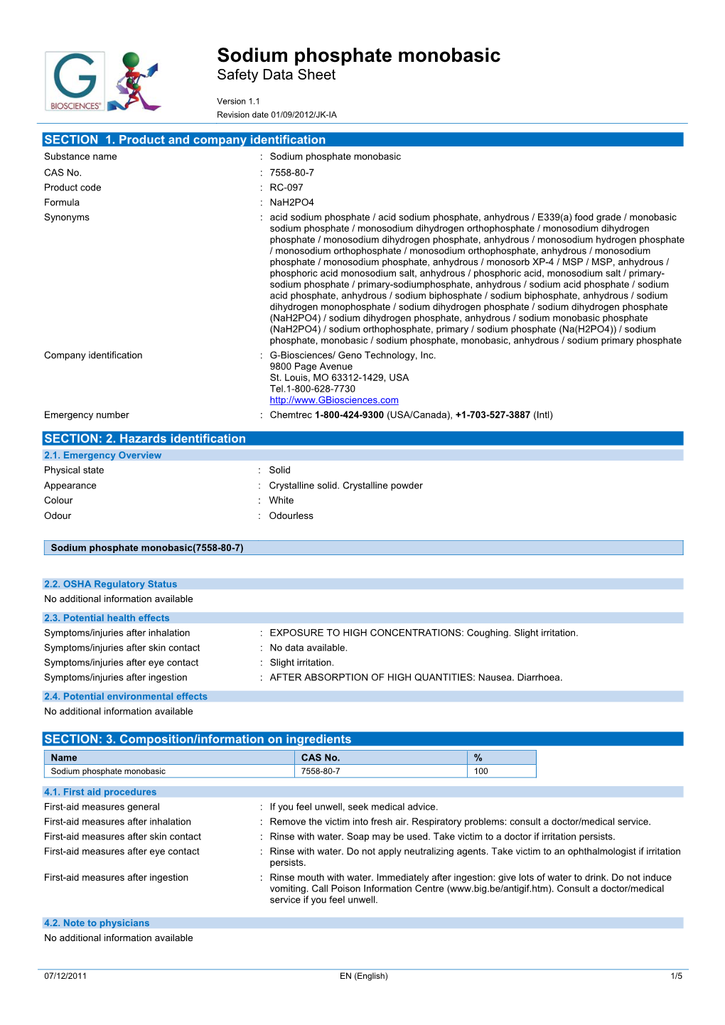 Sodium Phosphate Monobasic Safety Data Sheet