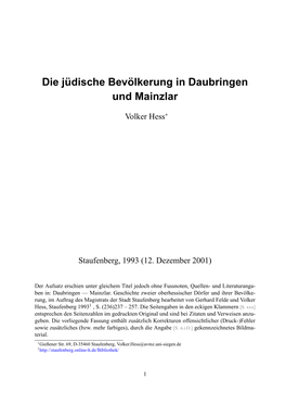 Die Jüdische Bevölkerung in Daubringen Und Mainzlar