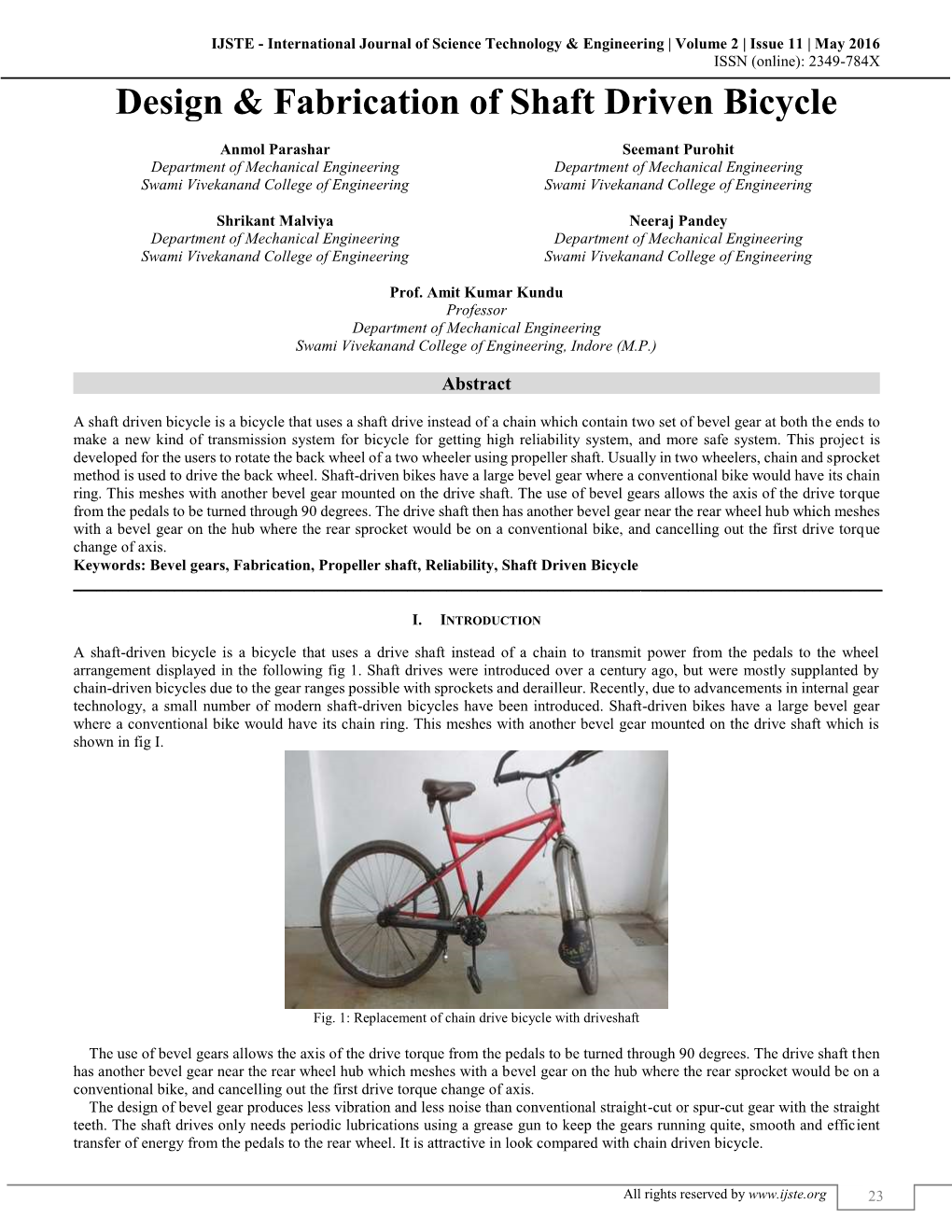 Design & Fabrication of Shaft Driven Bicycle