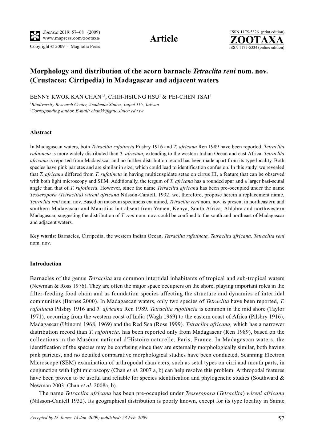 Zootaxa, Morphology and Distribution of the Acorn Barnacle Tetraclita Reni