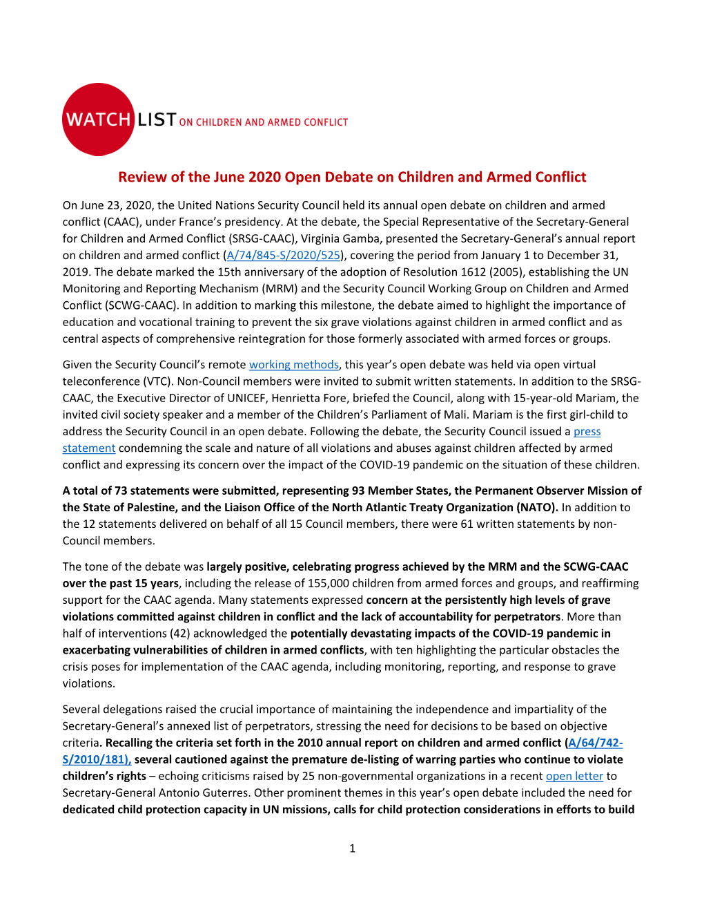 Review of the June 2020 Open Debate on Children and Armed Conflict