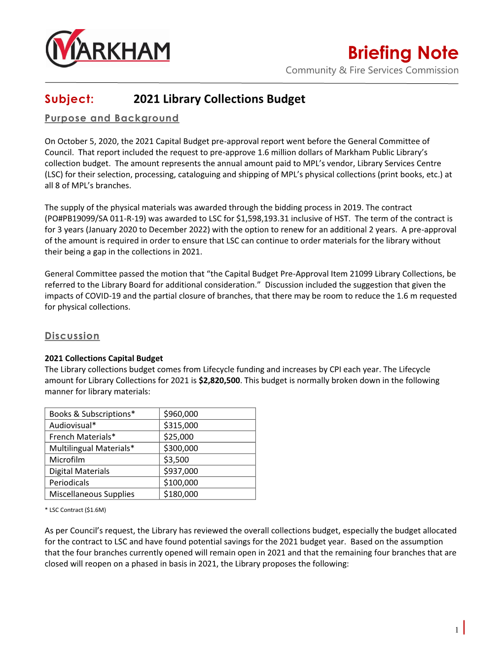 Briefing Note Community & Fire Services Commission