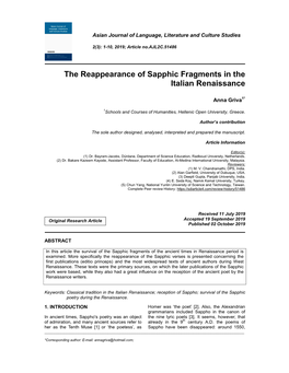 The Reappearance of Sapphic Fragments in the Italian Renaissance