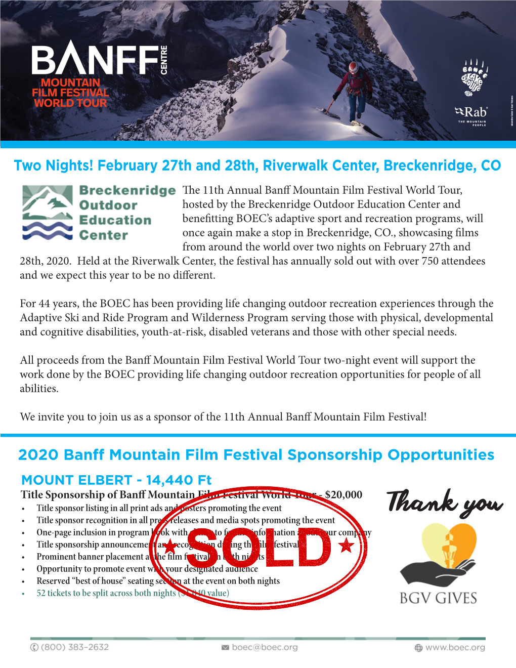 Banff Mountain Film Festival Sponsorship Form