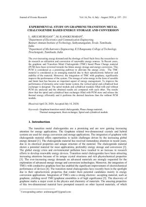 L. Arulmurugan, M. Ilangkumaran " Experimental Study on Graphene/Transition Metal Chalcogenide Based Energy Storage and Conversion