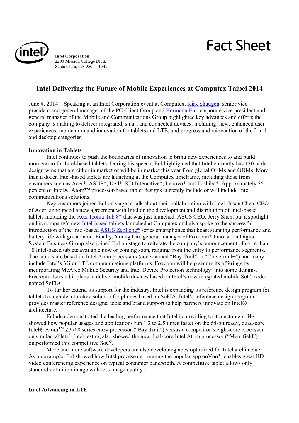 Fact Sheet: Intel Delivering the Future of Mobile Experiences at Computex