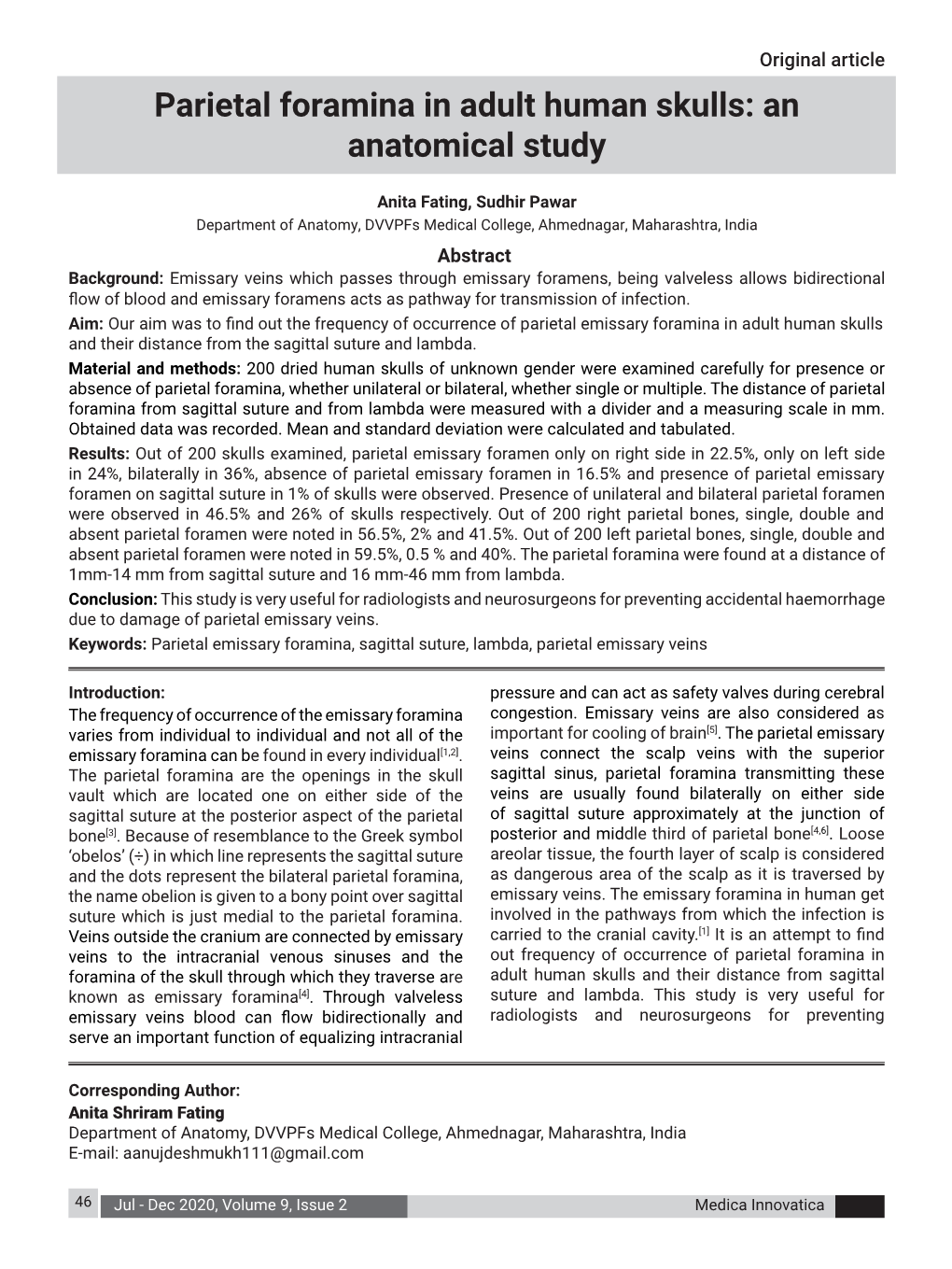 Parietal Foramina in Adult Human Skulls: an Anatomical Study