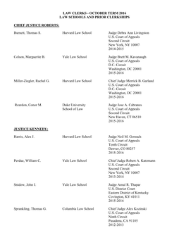 Law Clerks - October Term 2016 Law Schools and Prior Clerkships