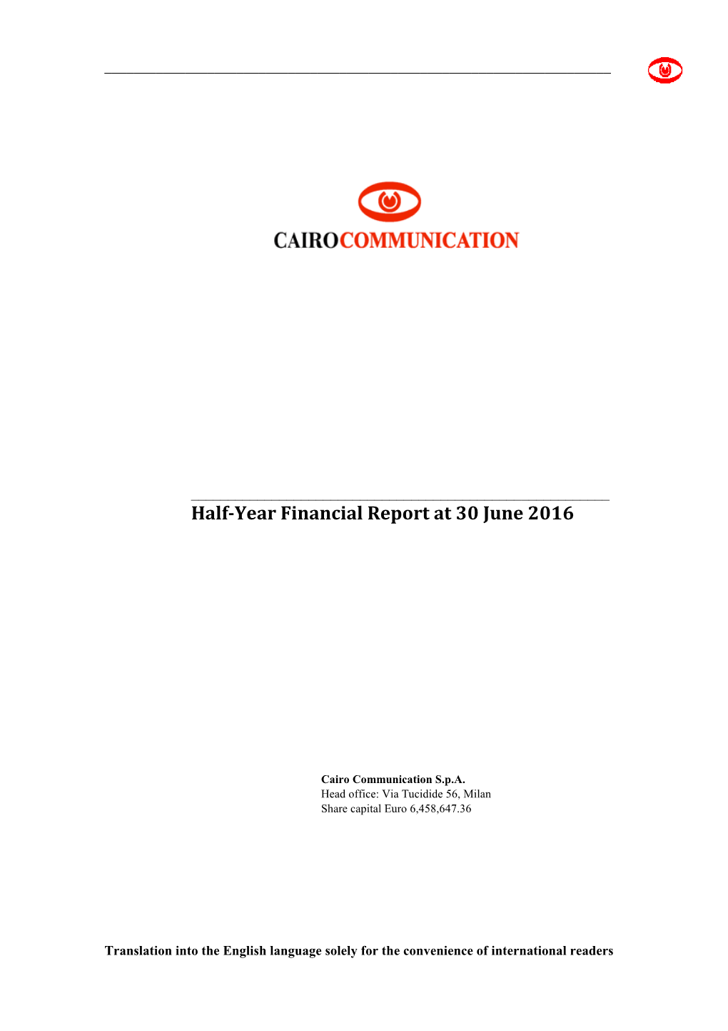 Half-Year Financial Report at 30 June 2016