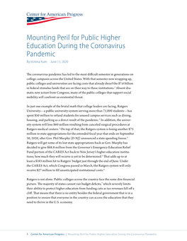 Mounting Peril for Public Higher Education During the Coronavirus Pandemic by Victoria Yuen June 11, 2020