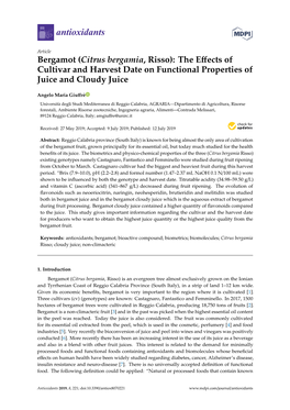 Bergamot (Citrus Bergamia, Risso): the Eﬀects of Cultivar and Harvest Date on Functional Properties of Juice and Cloudy Juice