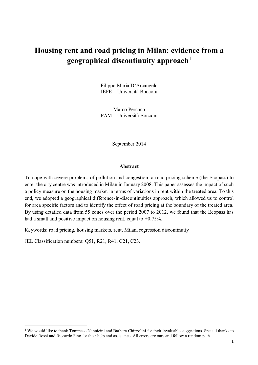 Housing Rent and Road Pricing in Milan: Evidence from a Geographical Discontinuity Approach1