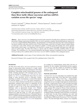 Complete Mitochondrial Genome of the Endangered Mary River Turtle (Elusor Macrurus) and Low Mtdna Variation Across the Species’ Range