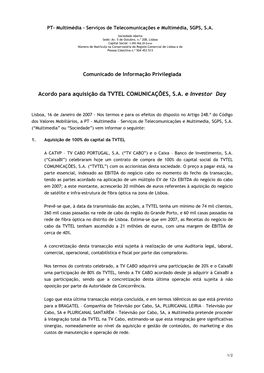 Acordo Para Aquisição Da TVTEL COMUNICAÇÕES, S.A. E Investor Day