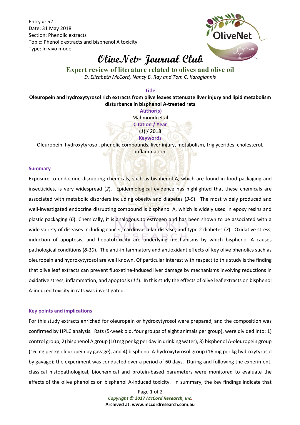 Olivenettm Journal Club Expert Review of Literature Related to Olives and Olive Oil D