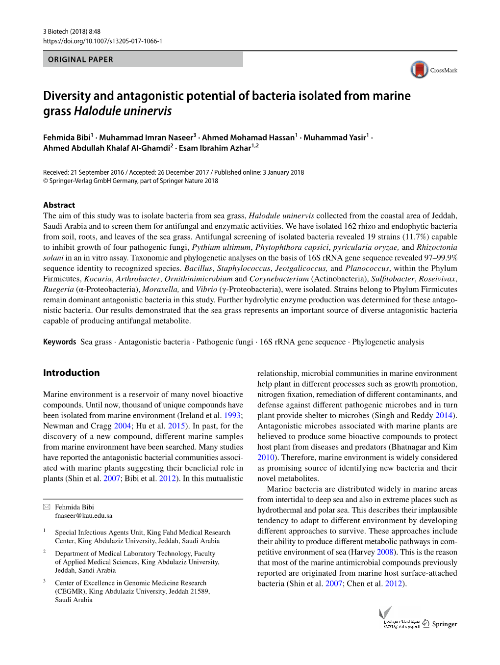 Diversity and Antagonistic Potential of Bacteria Isolated from Marine Grass Halodule Uninervis