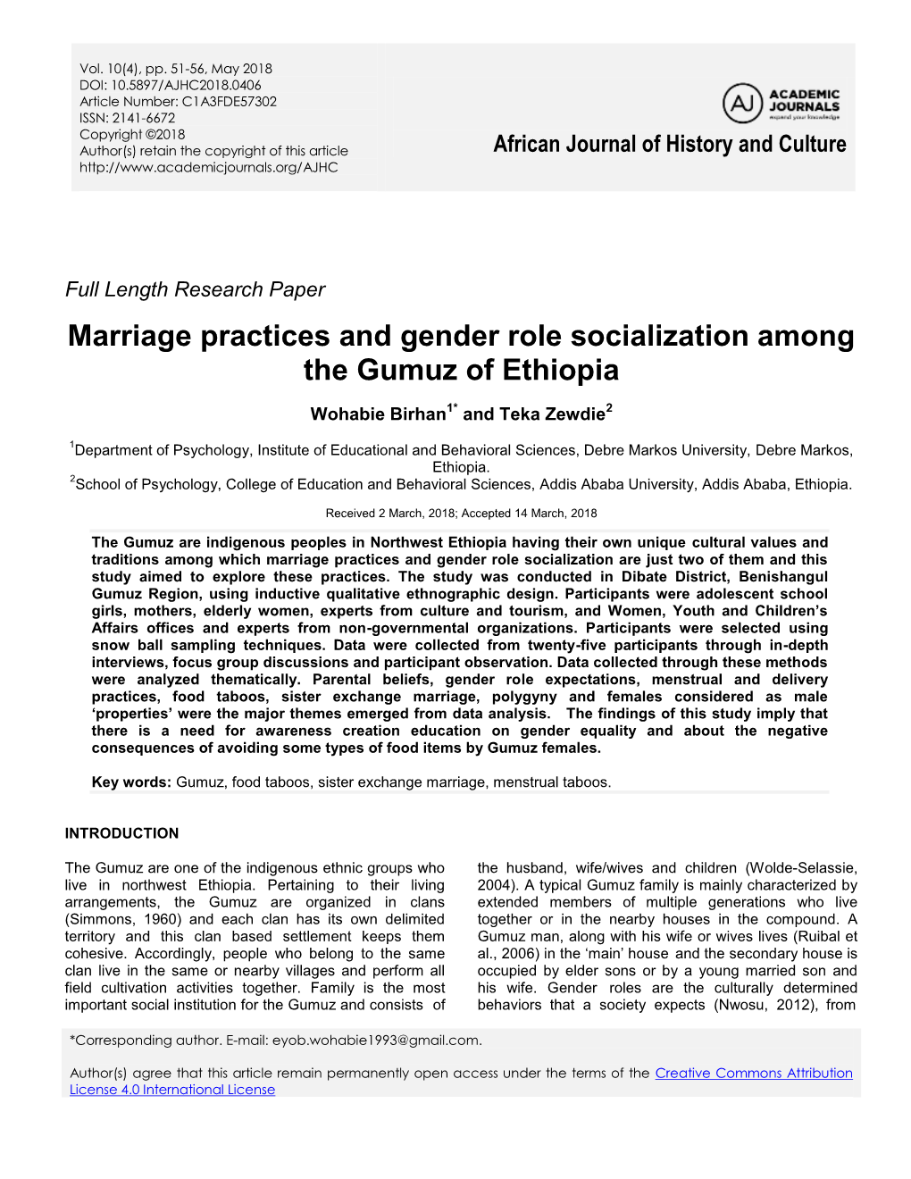 Marriage Practices and Gender Role Socialization Among the Gumuz of Ethiopia
