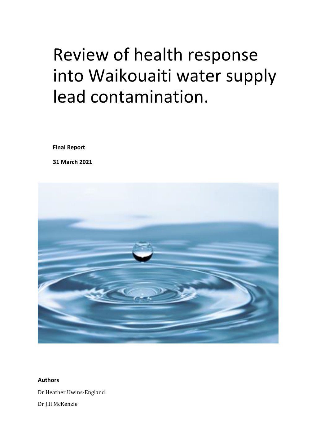 Review of Health Response Into Waikouaiti Water Supply Lead Contamination