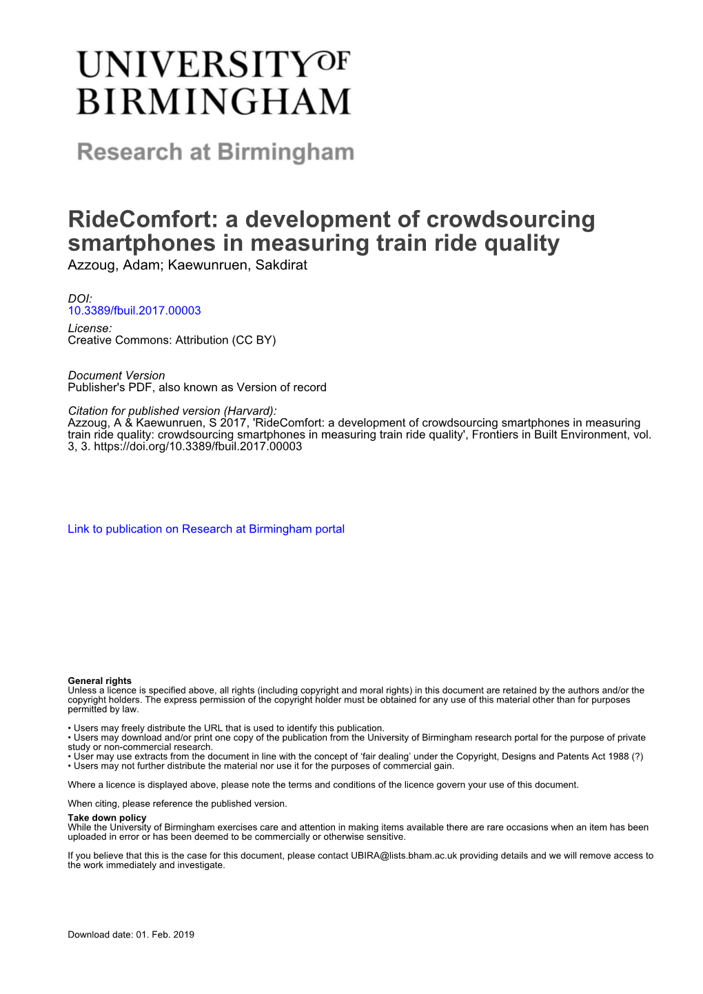 A Development of Crowdsourcing Smartphones in Measuring Train Ride Quality Azzoug, Adam; Kaewunruen, Sakdirat