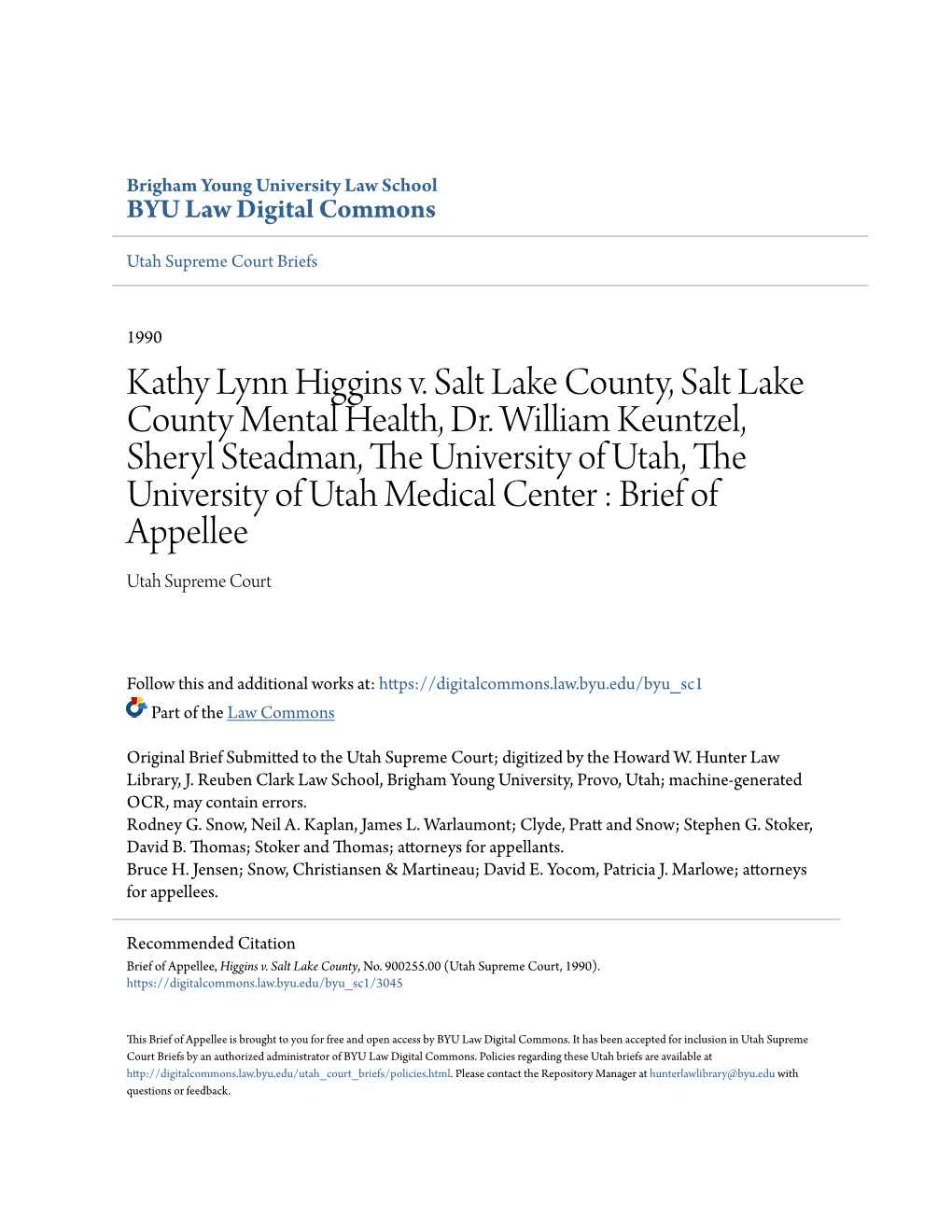 Kathy Lynn Higgins V. Salt Lake County, Salt Lake County Mental Health, Dr