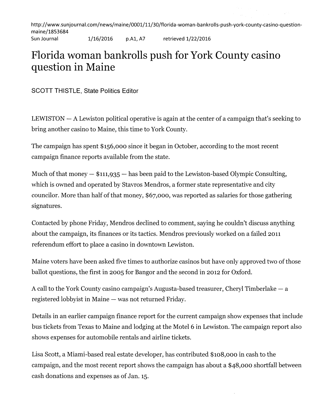 Florida Woman Bankrolls Push for York County Casino Question in Maine