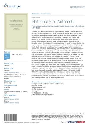 Philosophy of Arithmetic Psychological and Logical Investigations with Supplementary Texts from 1887–1901